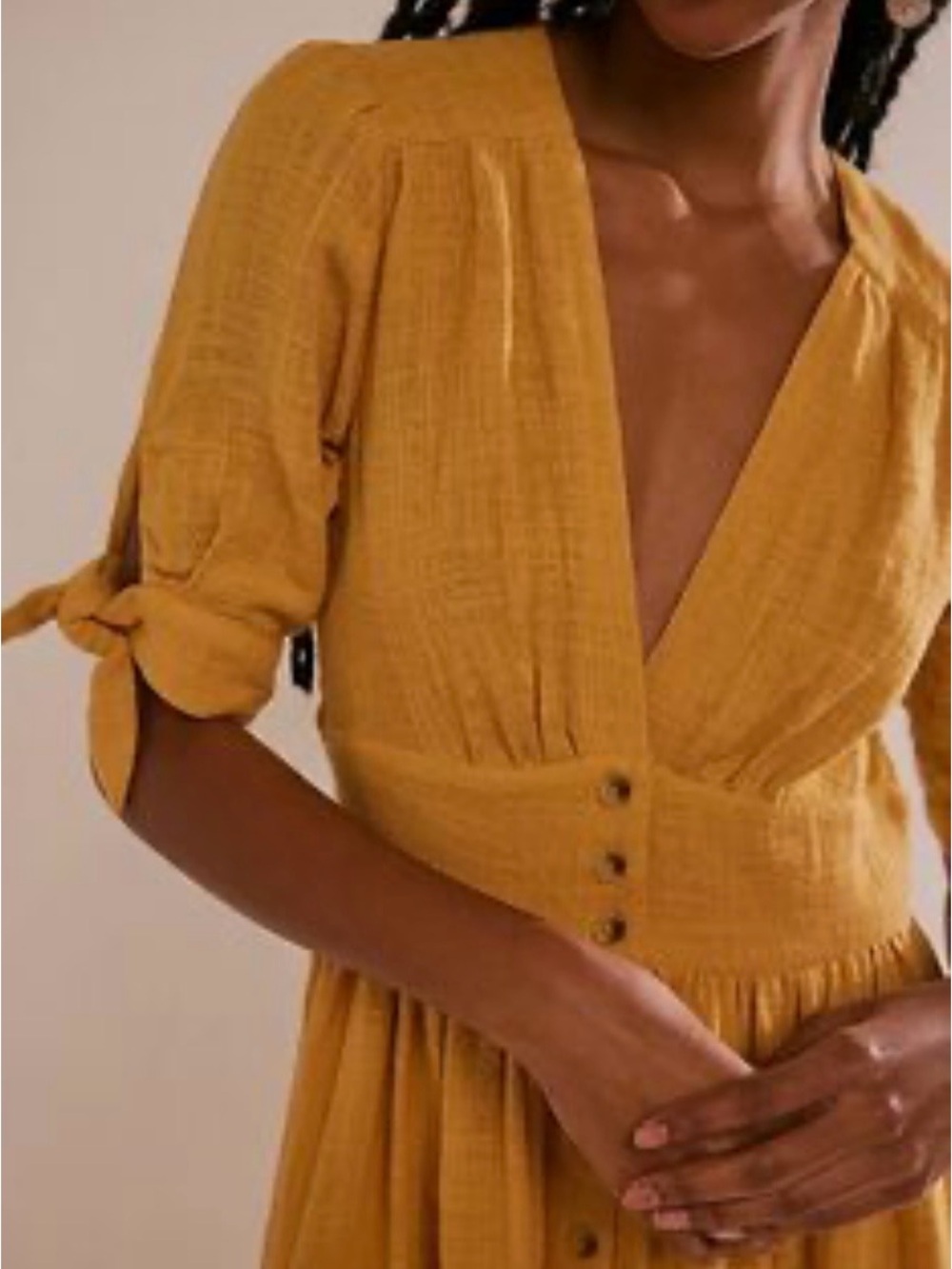 Free People Mustard Textured V-Neck Midi Dress with Tie Sleeves